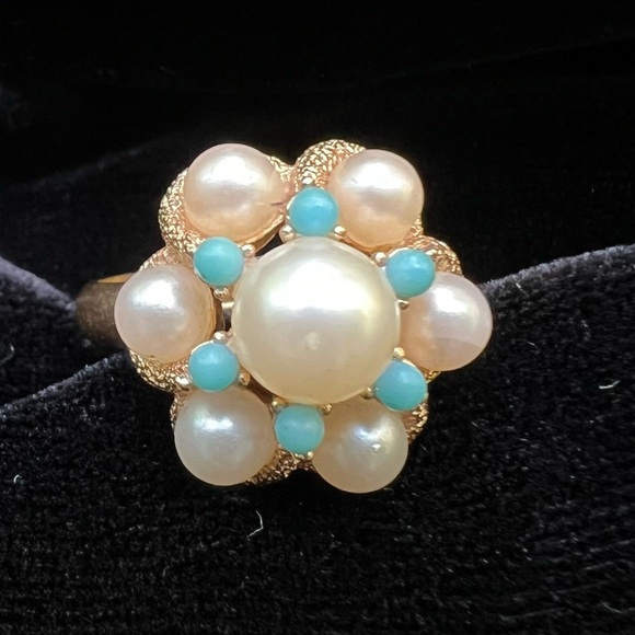 Vintage ring pearl and turquoise signed costume jewelry adjustable goldtone Avon - Picture 4 of 5